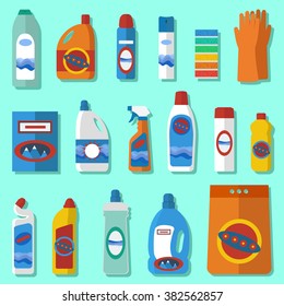 Group of bottles of household chemicals, supplies and cleaning. Simple flat icons set. Design concepts for web banners, web sites, printed materials, info-graphics