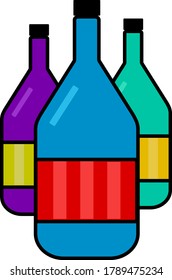 Grupo de botellas de vino de estilo plano. Imagen vectorial de las botellas. Botellas coloridas y luminosas. Botellas de bebida coloridas. Bebidas de bar, bar de vinos, bar restaurante.
