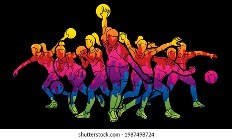 Group of Bowler Bowling Female Players Action Cartoon Graphic Vector