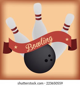 a group of bowling pins, a bowling ball and a ribbon with text