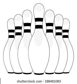 Group of bowling pins at the end of a bowling alley, skittles. vector art image illustration, eps10, isolated on white background, outline