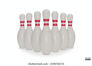 Group of bowling pins. Realistic bowling pins with red stripes isolated on white background. Bowling icon. 3D vector illustration.