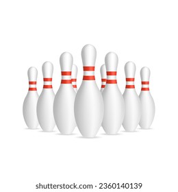 Gruppe von Bowlingstiften. Schildkröten mit roten Streifen. Sportwettbewerbe. Aktivität und lustiges Spiel. Einzeln auf weißem Hintergrund. Vektorgrafik