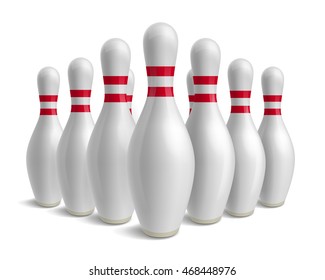 Group of bowling pins. Skittles with red stripes. Sport competition. Activity and fun game. Vector illustration isolated on white background