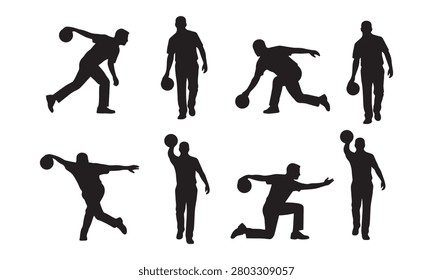 A group of bowling player silhouettes capturing different throwing techniques and stances.