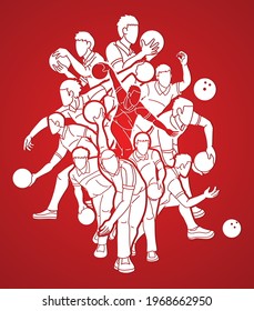 Group of Bowling Sport Male Players Action Cartoon Graphic Vector