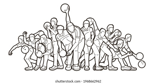 Group of Bowling Sport Male Players Action Cartoon Graphic Vector