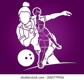 Group of Bowling Sport Players Bowler Action Cartoon Graphic Vector 