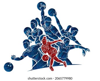 Group of Bowling Sport Players Bowler Action Cartoon Graphic Vector 