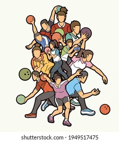 Group of Bowling Sport Players Men and Women Action Cartoon Graphic Vector