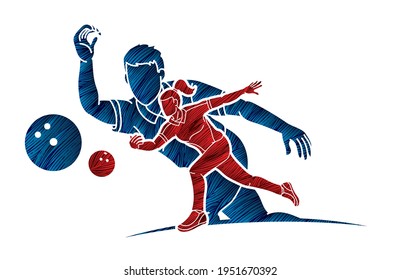 Group of Bowling Sport Players Men and Women Pose Cartoon Graphic Vector