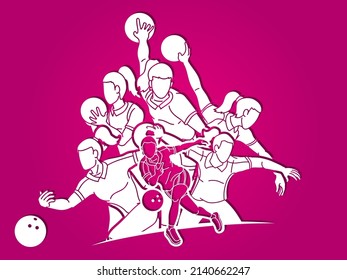 Group of Bowling Sport Players Women Action Cartoon Graphic Vector