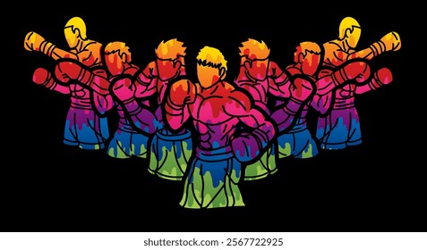 Group of Boxer Boxing Sport Kickboxing Muay Thai  Action Cartoon Graffiti Graphic Vector