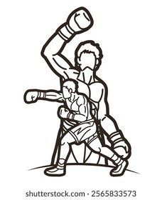 Group of Boxer Boxing Sport Mix Outline Kickboxing Action Cartoon Graphic Vector