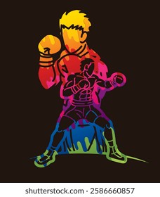 Group of Boxer Fighter Boxing Sport Mix Kickboxing Action Muay Thai Cartoon Graphic Vector