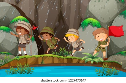 Grupo de boy scout en ilustración natural