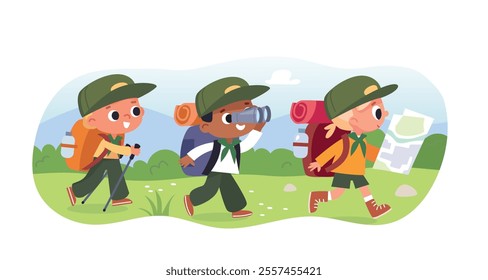 Group of boy scouts girl scouts, walking by route vacation trip, young tourists traveling kids walking by pathway through valley with travel bag backpacks and map. Travelers collection. Hiker traveler