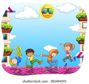 Group of boys and girls dancing on rooftop