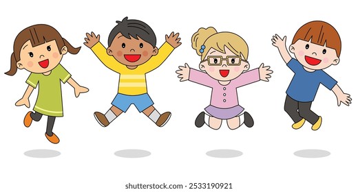 Group of boys and girls kids children friends jumping happily excited good news simple drawing illustration decorative 