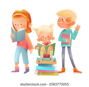 Group of boys and girls students of different age reading books learn and study. Children reading books, schoolchildren character illustration for education. Vector clipart cartoon watercolor colored.