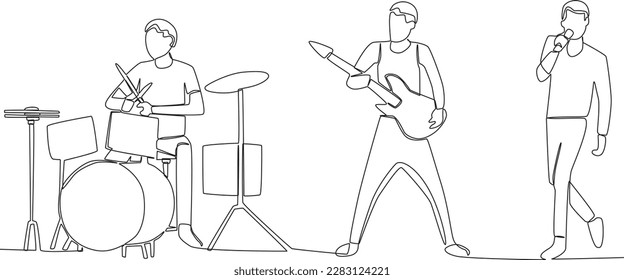 A group of boys performed on stage. Music band one-line drawing