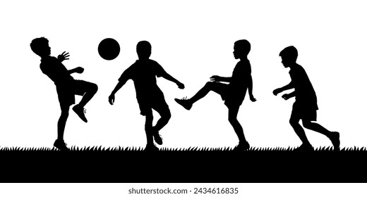 Group of boys playing football together on grass field vector silhouette.	