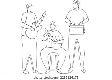 A group of boys playing guitars and drums. Music band one-line drawing