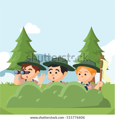 group of boyscout hiding behind bushes