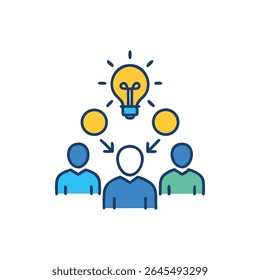 Una sesión de lluvia de ideas grupal que da como resultado nuevas ideas para soluciones empresariales. Estilo de diseño plano y colores fuertes y sólidos.