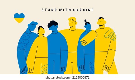 Group of brave people. Friends are standing, hugging together. Cartoon characters. Ukrainian flag colors. Stand with Ukraine. Save Ukraine from russia. Stop war. Hand drawn modern Vector illustration