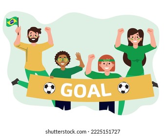 Group of Brazilian soccer supporters, Active soccer fans holding banner isolated flat vector illustration.