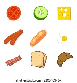 Group of breakfast icon, bread, croissant, cheese, sausage, bacon, salmon, salad, egg, happy breakfast with transparent background 