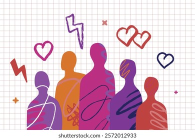 A group of bright abstract people standing together surrounded by hearts and lightning bolts. A symbol of love, unity, friendship, and tenderness.