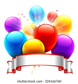 Group of bright color balloons, blank ribbon and confetti