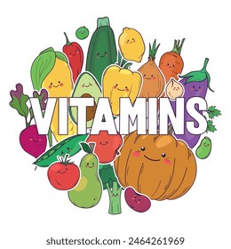 Group of bright kawaii vegetables and fruits. Concept of healthy colorful eating, natural vitamins. Hand drawn illustration