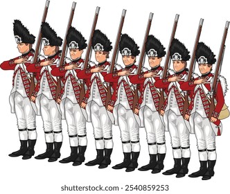 Group of British Grenadiers from American Revolutionary War standing in a line, saluting with their right hands holding muskets in the left, vector EPS 10