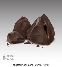 Group of broken chocolate pieces closeup, dark chocolate, cocoa, 3d realistic vector illustration