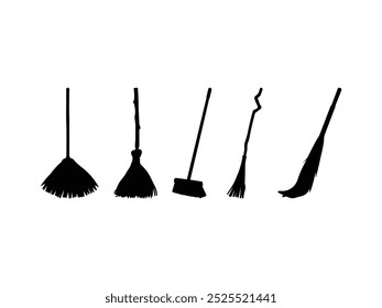 Group of Broom Silhouette isolated white background. Vector Illustration