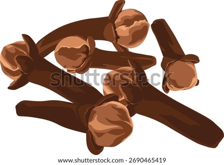 A group of brown cloves are scattered across a white background, displaying their distinct shape and texture.