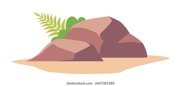 Group of brown rocks with green leafy plants growing behind them, flat graphic style on white background. Concept of nature and landscape. Vector illustration