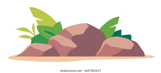 Grupo de rochas marrons com várias folhas tropicais verdes para trás, estilo gráfico plano em um fundo branco. Conceito de natureza, floresta ou habitat de selva. Ilustração vetorial