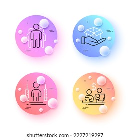 Group, Budget accounting and Coronavirus injections minimal line icons. 3d spheres or balls buttons. Hold box icons. For web, application, printing. Managers, Stock trader, People vaccination. Vector