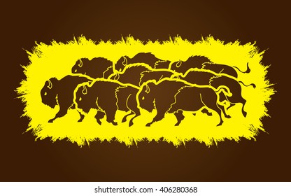 Group of buffalo running designed on grunge frame background graphic vector