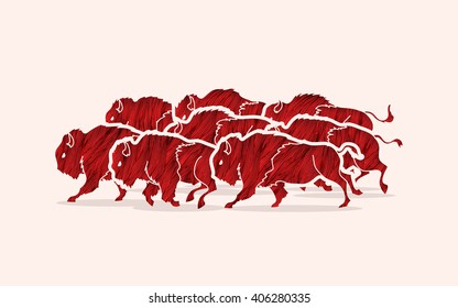 Group of buffalo running designed using red grunge brush graphic vector