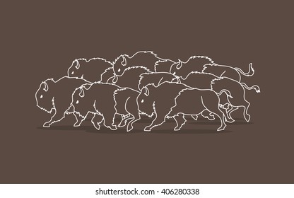 Group of buffalo running designed using outline graphic vector