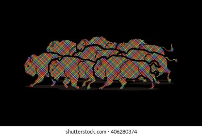 Group of buffalo running designed using colorful pixels graphic vector