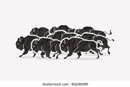 Group of buffalo running designed using black grunge brush graphic vector