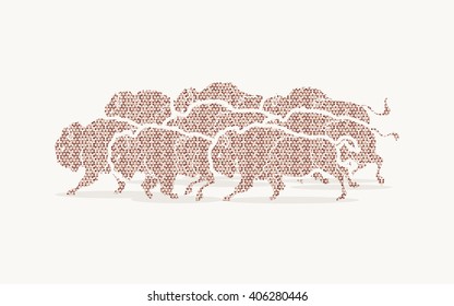 Group of buffalo running designed using brown mosaic pattern graphic vector