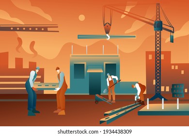 A group of builders at a construction site. Cartoon construction professionals. Construction industry concept. Self-propelled crane on an abstract background.