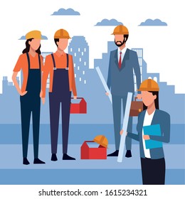 Group of builders and enginners standing over blue city urban background, colorful design, vector illustration